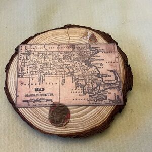 Handmade Vintage Style Massachusetts Map on Wood Slice 4 1/2”.